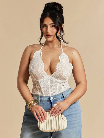 SHEIN BAE Áo liền thân gợi cảm màu trắng ren dành cho nữ cỡ lớn, phù hợp cho các lễ hội âm nhạc và mùa cưới.
