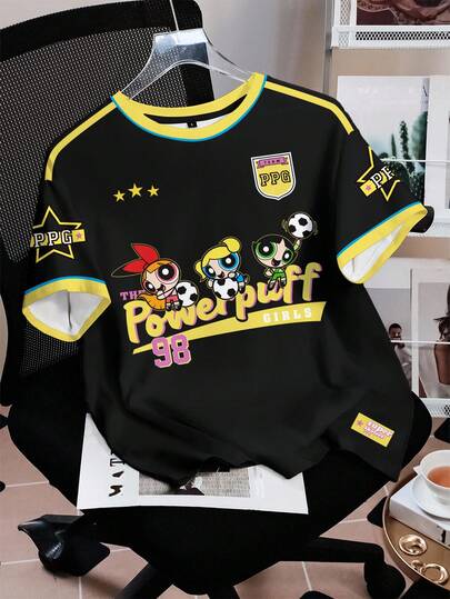 THE POWERPUFF GIRLS X SHEIN Women's Colorblock Round Neck Short Sleeve Cute Cartoon Print Casual T-Shirt