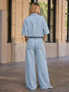 Hauture Women's Casual Streetwear Style Loose Jumpsuit With Flap Pockets, Suitable For Spring, Summer And Autumn, Daily Everyday Travel Vacation Light Blue - Light Wash - View 2