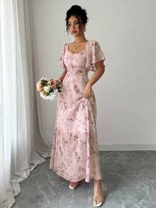Modelyn Women's Chiffon Butterfly Print Batwing Sleeve Pleated Sweet French Style Summer Dress - Dusty Pink - View 3
