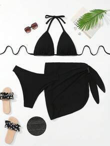 Swim Vcay 夏季海滩大码女式纹理露背比基尼套装 3 件套音乐节 - 黑色 - 查看 1