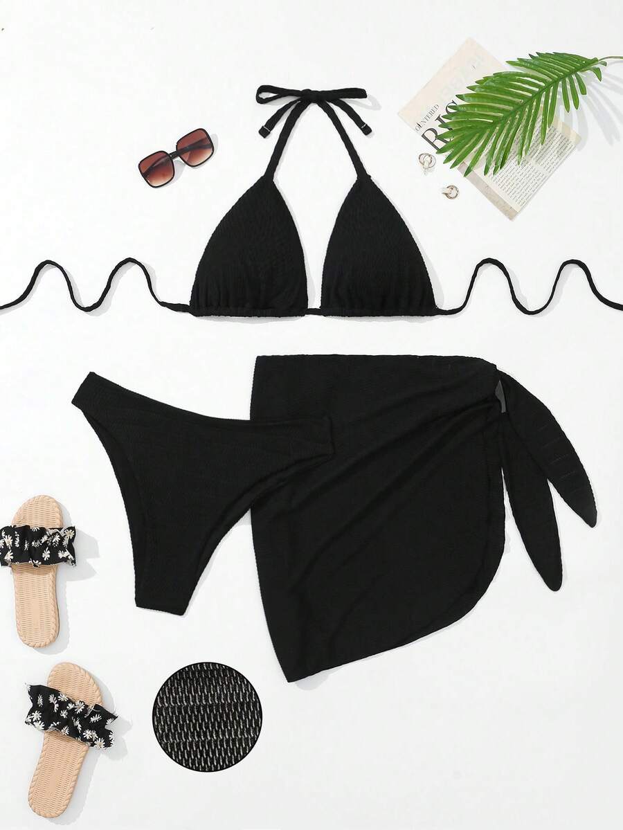 Swim Vcay 夏季海滩大码女式纹理露背比基尼套装 3 件套音乐节 - 黑色 - 查看 1
