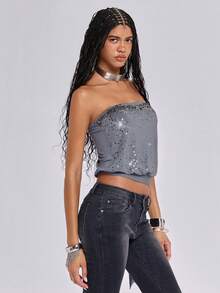 Summer Y2K Retro Sexy Crop Top With Sequin Embroidery, Side Slit Drawstring Waist, For Women - Grey - View 8