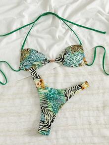 Swim Vcay 女士豹纹性感露背细肩带金属饰品高衩打结比基尼套装，适合海滩、音乐节、春夏穿着 - 彩色 - 查看 3