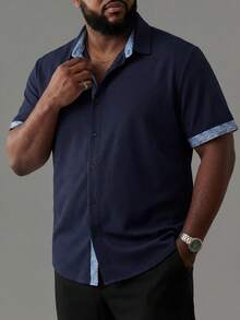 Manfinity Homme Plus Size Men's Summer Casual Contrast Trim Front Button Short Sleeve Shirt - Navy Blue - View 3