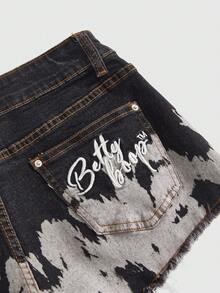 Betty Boop | ROMWE Cartoon Character Print & English Embroidery Ombre Rivet Decor Low Waist A-Line Denim Shorts, Suitable For Spring/Summer And School Wear - Black - View 3