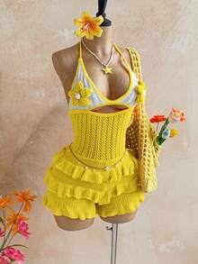 Soleia Damen Urlaubs-Lässig energetischer orangefarbener Blumen-Dekor Rüschen-Saum Jumpsuit, geeignet für Strand, Kreuzfahrt, Stadturlaub, Urlaub, Musikfestival, Boho, Strand, Sommer, Musikfestival-Outfit, vielseitig für alle Jahreszeiten, täglicher Arbeitsweg - Gelb - Übersicht 9