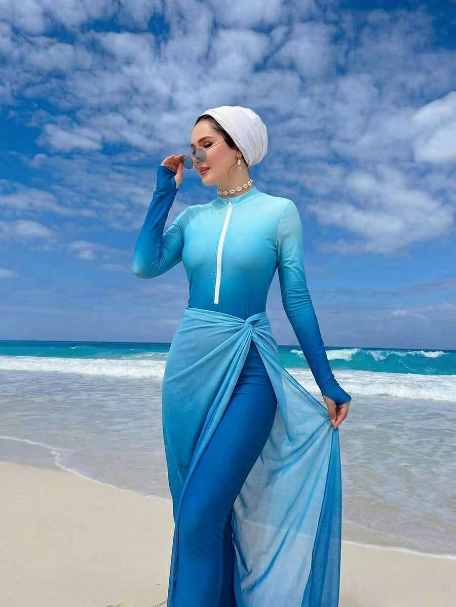 Swim Mulvari 3件套女士渐变印花拉链长袖泳装,长裤和网纱裙泳装套装,适合春夏海滩、邮轮、度假,可作泳装罩衫,长款女士度假连衣裙,女士泳装罩衫 - 彩色 - 查看 1