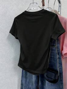 Franclia Camiseta de manga corta de mujer con cuello redondo y decoración de lazo, versátil para uso diario casual - Negro - Ver 2
