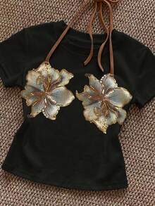 SHEIN Women's Summer Fashion Beach Vacation Floral Print Short Sleeve T-Shirt - Black - View 3