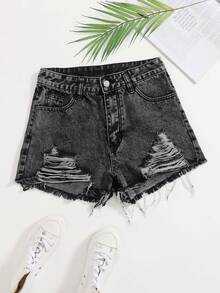 SHEIN PETITE Women's Casual Versatile Everyday Denim Shorts With Pockets And Distressed Design - Black - View 1