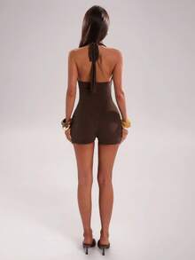 SHEIN BAE 女士性感露背串珠拼接垂褶领连体裤，适合海滩度假、派对、约会、音乐节、休闲外出等场合。 - 棕色 - 查看 2