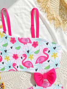 Girls' Cute Tropical Floral & Flamingo Print One-Piece Swimsuit With Bow Decor, Summer Beach Holiday - Pink - View 5