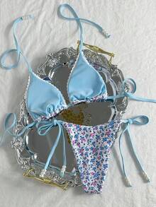 SHEIN Swim Mod 2026春夏女士两件式泳衣套装，碎花图案，时尚清新甜美，简约修身，适合温泉度假比基尼穿着 - 彩色 - 查看 2