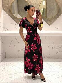 Slaydiva Black Elegant Sexy Women's Floral Dress Summer Beach Night Out Party Vacation Outfits Deep V-Neck Ruffled Short Sleeve Belt Tie A-Line Umbrella Dress - Multicolor - View 10