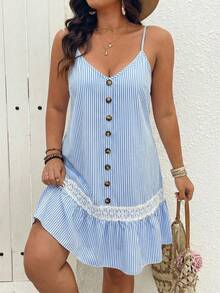 SHEIN LUNE Plus Size V-Neck Sleeveless Front Button Ruffle Hem Textured Slip Dress - Blue and White - View 1