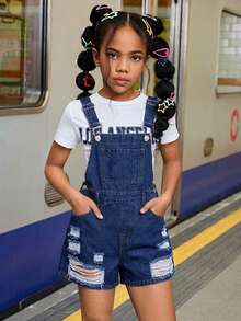 SHEIN 少女夏季沙滩波西米亚风浅色水洗斜插口袋牛仔背带连体裤（不含T恤），少女夏季休闲音乐会锐舞派对服装毕业典礼服装，日常穿着 - 深色水洗藍 - 查看 4