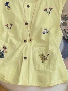 Airaco Women's Summer Embroidered Detail Front Button Round Neck Camisole - Light Yellow - View 4