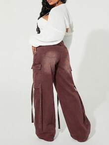 SHEIN ICON Plus Size Color Block Pocket Thermal Lined Fashionable Wide Leg Cargo Jeans - Coffee Brown - View 7