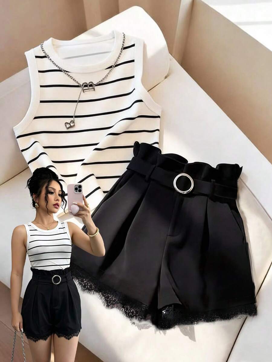 Franclia New Striped Camisole Top And Ruffle Hem Shorts 2 Pieces Set, Waist Cinching Slimming - Black and White - View 1