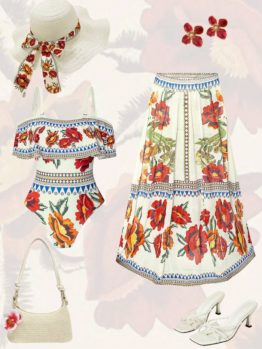 Swim Oasis Set da 2 pezzi, taglia comoda, novità primavera/estate 2026, costume da bagno e gonna coordinati, stampa floreale vintage, elegante, con spalle scoperte e spalline rimovibili, adatto per vacanze al mare - Multicolore - Visualizzare 1