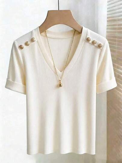 Franclia Elegant Frans gebreid T-shirt met V-hals en knoopjes, korte mouwen, elegant topje, zomerse outfit, casual chic, casual topje, vrijetijdskleding, witte blouse, zomer T-shirt, zomerstijl, nieuw zomer T-shirt voor dames