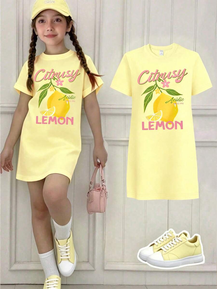 SHEIN Elladie kids 少女夏季休閒水果檸檬圖案字母印花短袖T恤洋裝,時尚創意個性化極簡舒適日常穿搭 - 黃色 - 查看 1