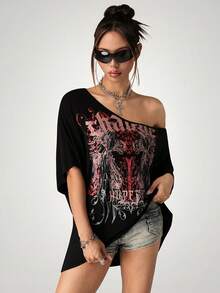 SHEIN ICON Punk Rock Graphic Print Casual Asymmetric Loose T-Shirt - Multicolor - View 3