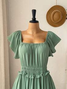 Rusticease Plus Size Women's Summer Sage Green Curve Long Dress,Casual Holiday Boho Flowy Ruffle Sleeve Solid Party Vacation Outfits,Country Concert Beach Wear - Green - View 5