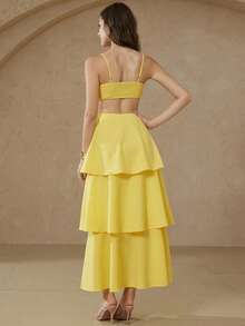 BELROSIE Yellow Waist Cutout Beaded Strap Layered Cake Hem Backless Dress, Elegant Sexy Versatile For Vacation, Party, Evening Gown Summer - Yellow - View 3