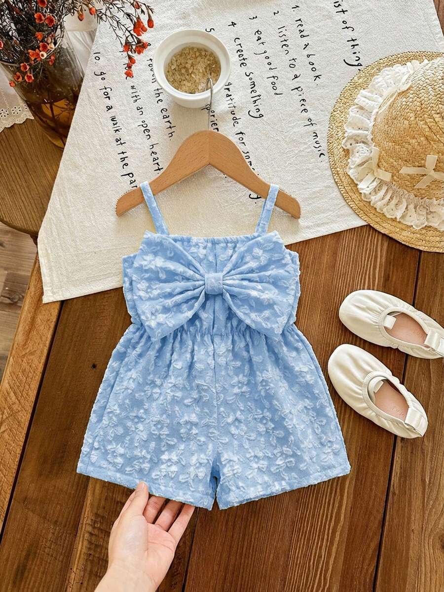 SHEIN LMoss Kids 女婴可爱休闲夏季蓝白条纹蝴蝶结装饰吊带连体衣 - 藍色 - 查看 1