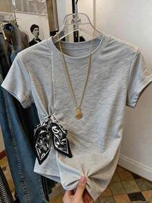 Franclia Women's Grey Summer Casual Everyday Cotton T-Shirt, Round Neck Short-Sleeved Side Twist Design Top With Silk Scarf Bow, Asymmetric Hem Tee - Grey - View 6