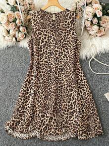 SHEIN Essnce 大码女装春夏时尚休闲宽松清凉舒适日常百搭显瘦棕色豹纹无袖短裙，简约风格，夏季穿搭，欧洲夏季 - 棕色 - 查看 2