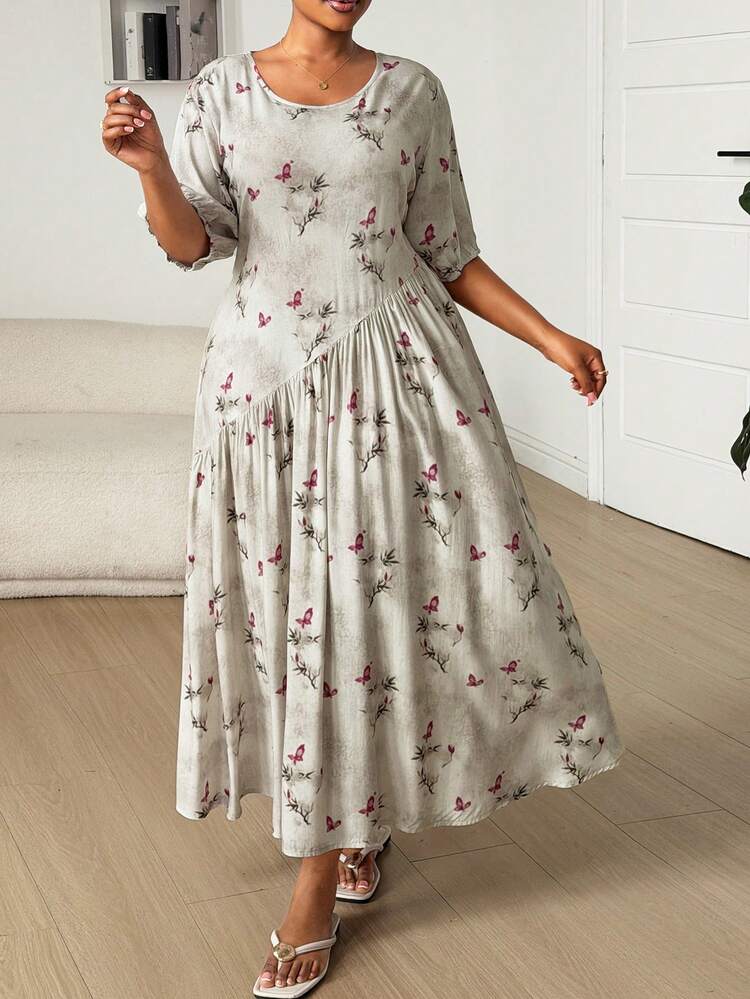 Dazy Plus Chinese Style Allover Print Long Fitted Nightgown, Spring/Summer Plus Size Women Sleepwear