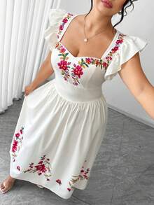 Elenzga Plus Size White,Summer,Elegant,Wedding Ninang Square Neck Ruffle Sleeve Embroidery Print Fit&Flare Maxi Dress,Apricot Floral Sweet Vacation For Women - Apricot - View 7