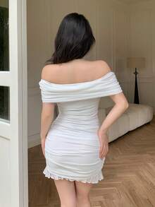 Modelyn Đầm hè thanh lịch màu trắng bằng vải chiffon với viền bèo nhún, kiểu trễ vai dành cho nữ. - trắng - Xem 2