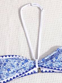 Bộ bikini hai mảnh họa tiết hoa nhí xanh trắng dành cho thiếu nữ, thích hợp cho kỳ nghỉ hè ở bãi biển. - Xanh và trắng - Xem 4