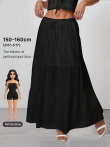 SHEIN PETITE 休闲纯色松紧腰荷叶边下摆A字裙 - 黑色 - 查看 11