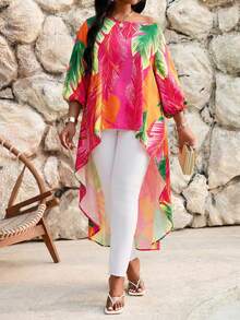 SHEIN Lady Áo kiểu mùa xuân hè, thu đông, thường ngày, thanh lịch, phong cách boho, dạo phố, đi biển, đi xem hòa nhạc/lễ hội âm nhạc, nhiều màu sắc, dệt kim, cổ tròn, tay phồng, tay bất đối xứng, tay lửng, cỡ lớn. - Nhiều màu - Xem 3