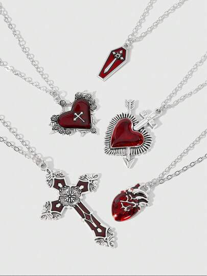 ROMWE Grunge Punk Bộ 1 dây chuyền mặt hình thánh giá Gothic, trái tim màu đào và hình quan tài, thích hợp làm quà tặng trong các bữa tiệc.