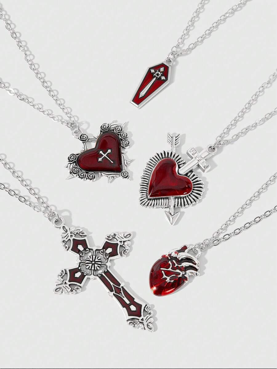 ROMWE Grunge Punk Bộ 1 dây chuyền mặt hình thánh giá Gothic, trái tim màu đào và hình quan tài, thích hợp làm quà tặng trong các bữa tiệc. - Nhiều màu - Xem 1