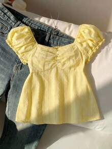 SHEIN Tween Girls' Elegant Solid Color Lace Patchwork Ruffle Collar Short Sleeve Blouse, Suitable For Spring/Summer, Vacation, Casual, Home, BM Style - Yellow - View 5