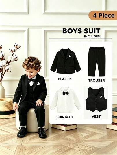 SHEIN 4pcs Baby Boy Formal Suit Set, Including White Long Sleeve Shirt With Black Bow Tie, Black Vest, Long Sleeve Jacket And Elastic Waist Pants. The White Shirt Paired With The All-Black Suit Looks Particularly Elegant, Making The Entire Outfit Look Neat And Fashionable, Suitable For Holiday Events, Formal Occasions, Weddings, Wedding Guests, Ring Bearers, Groomsmen, And Back-To-School Seasons, Such As Wedding, Prom, Graduation, Shirts, Wedding Baby Boy Clothes/Baby's First Mother's Day Outfit/Family Matching Outfits