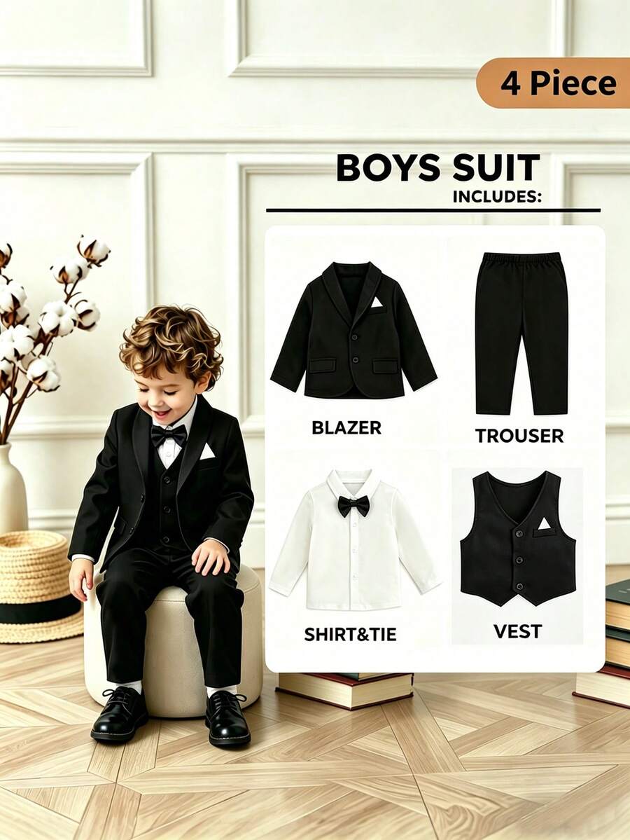 SHEIN Bộ vest 4 món cho bé trai, gồm áo sơ mi trắng dài tay với nơ đen, áo vest đen, áo khoác dài tay và quần cạp chun. Áo sơ mi trắng kết hợp với bộ vest đen tạo nên vẻ ngoài đặc biệt thanh lịch, giúp toàn bộ trang phục trông gọn gàng và thời trang, phù hợp cho các sự kiện lễ hội, dịp trang trọng, đám cưới, khách mời đám cưới, người mang nhẫn, phù rể và mùa tựu trường, chẳng hạn như đám cưới, dạ hội, lễ tốt nghiệp, áo sơ mi, quần áo cưới cho bé trai/trang phục ngày đầu tiên của mẹ/trang phục gia đình đồng bộ.