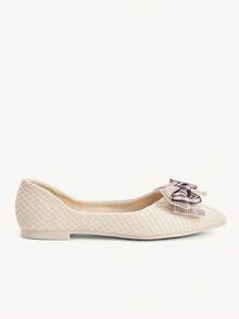 CUCCOO CHICEST Pointed Flat Bottom Comfortable And Fashionable Versatile Fairy Rhinestone Bow Soft Sole Beige Low Vamp Flat Shoes - Beige - View 9