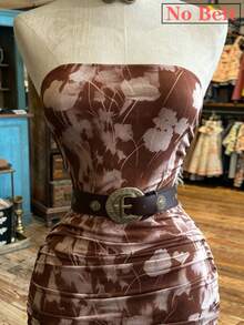 Vestido elegante de fiesta con estampado floral y cintura fruncida para mujer - Marrón - Ver 3