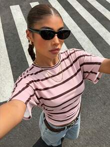 Muchica Plus Size Women Striped Casual Waist Cinched T-Shirt - White - View 6