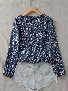 Nueva camisa de mujer de manga larga con cuello en V y estampado de moda casual - Azul Marino - Ver 2