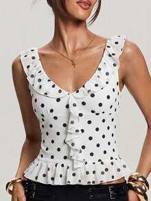 SHEIN BAE Women's Polka Dot Print Ruffle Hem Fashionable Blouse - White - View 3