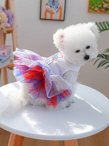 PETSIN 1件宠物蓬蓬裙，红蓝白星网纱爱国风狗狗节日礼服，猫狗通用服装 - 紅白藍 - 查看 6